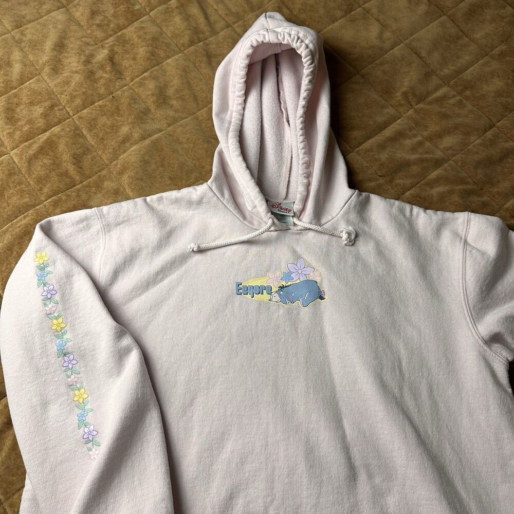 Vintage 90s Disney Store Eeyore Hoodie Pink Floral Sweatshirt USA Made Size L